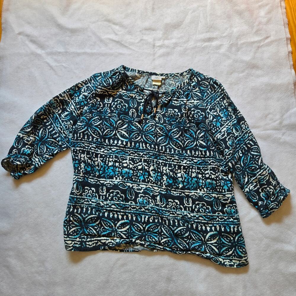 Hot Cotton Women's Linen Tunic Shirt, Batik Floral, Blue White, XL, 3/4 Sleeve
